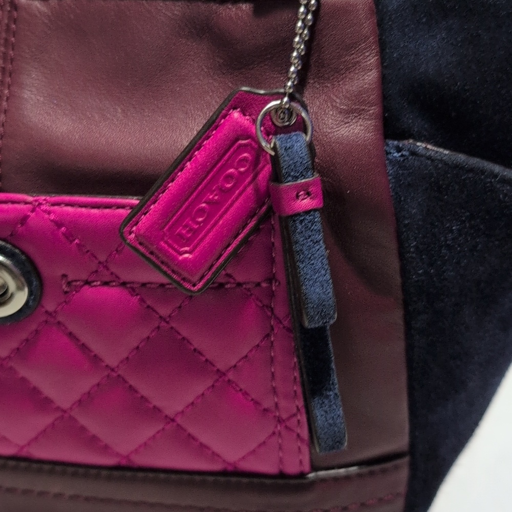 Coach Park Mini Quilted Colorblock In Navy Suede, Wine/ Pink Leather Purse - Picture 4 of 17